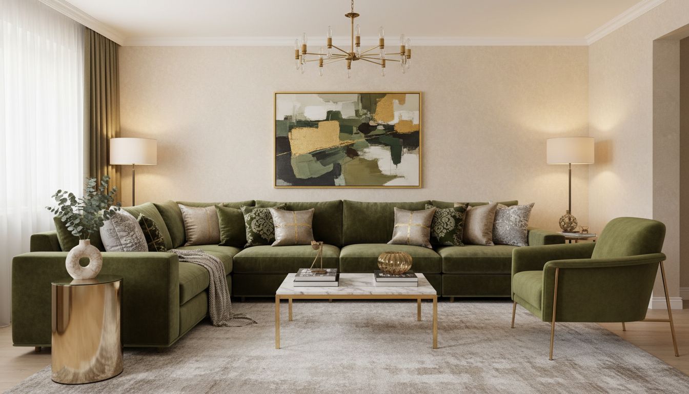 Verschiedene Sofa-Stile im Wohnzimmer: Ecksofa, Zweisitzer mit Sessel, moderne Farben