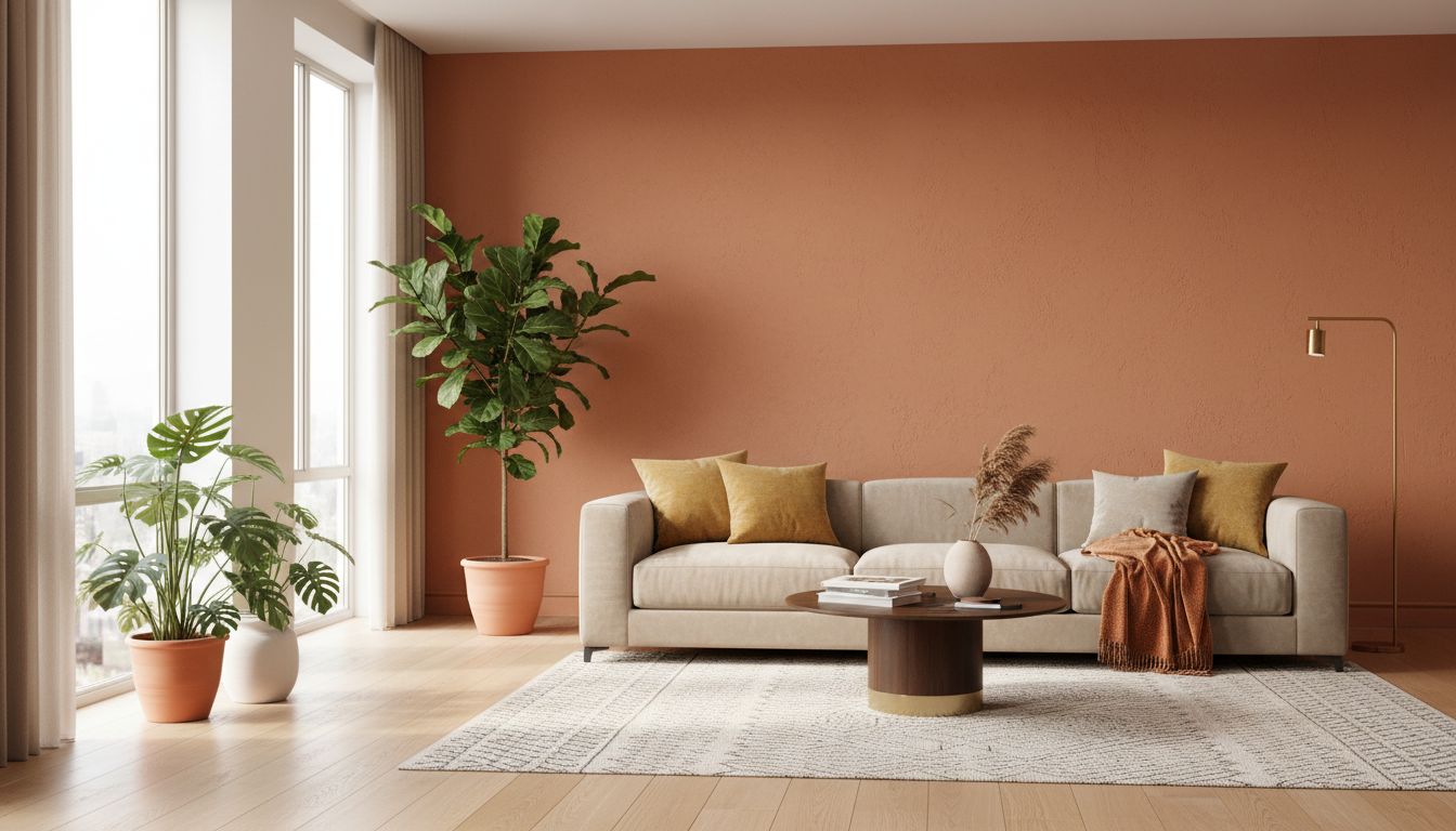 Modernes Wohnzimmer mit harmonischer Farbgestaltung in warmen Erdtönen