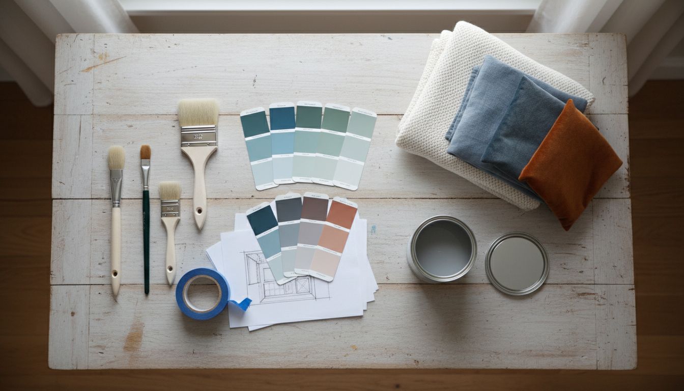 Vorbereitung zum Wandstreichen mit Farbmustern und Werkzeug