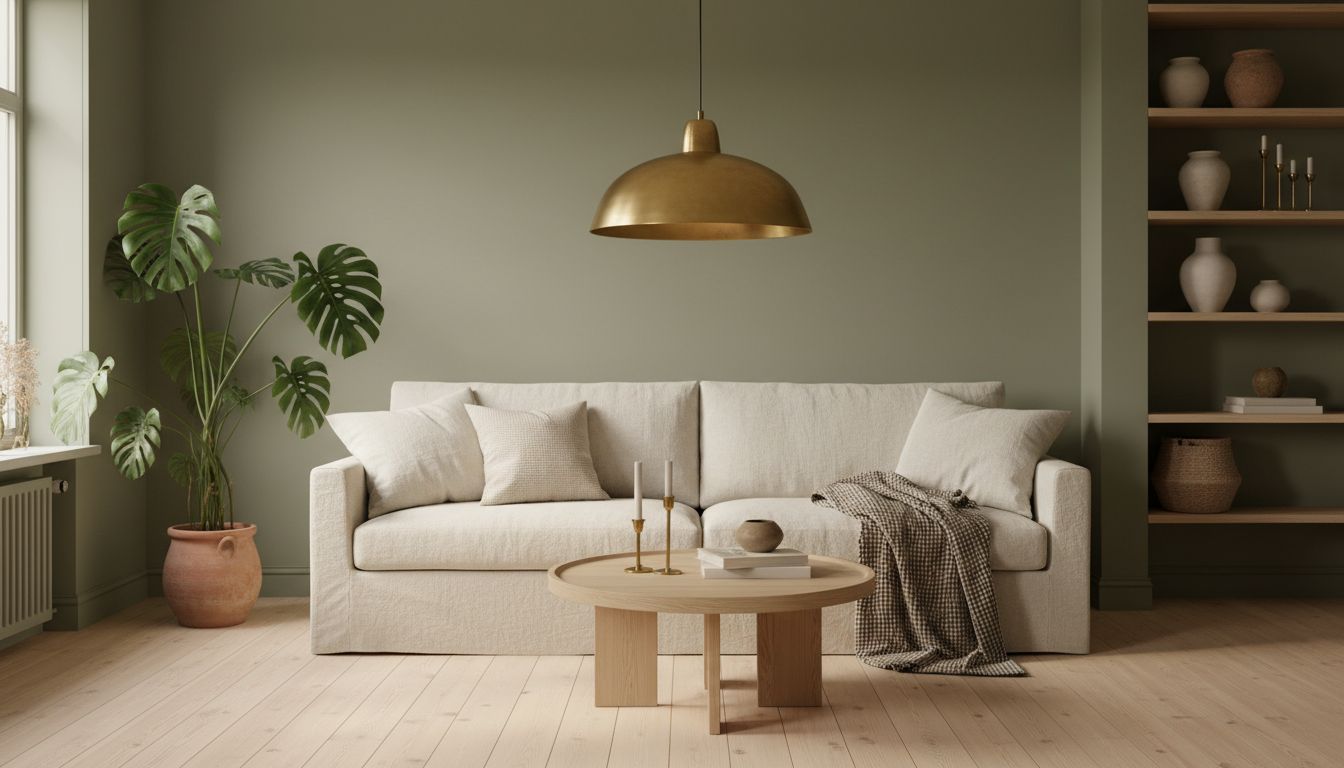 Trendiges Wohnzimmer in Salbeigrün mit natürlichen Materialien