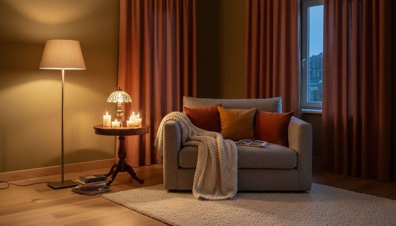 Gemütliche Wohnzimmerecke mit warmer Steh- und Tischlampe, Lesesessel mit weicher Decke und Kerzen am Abend