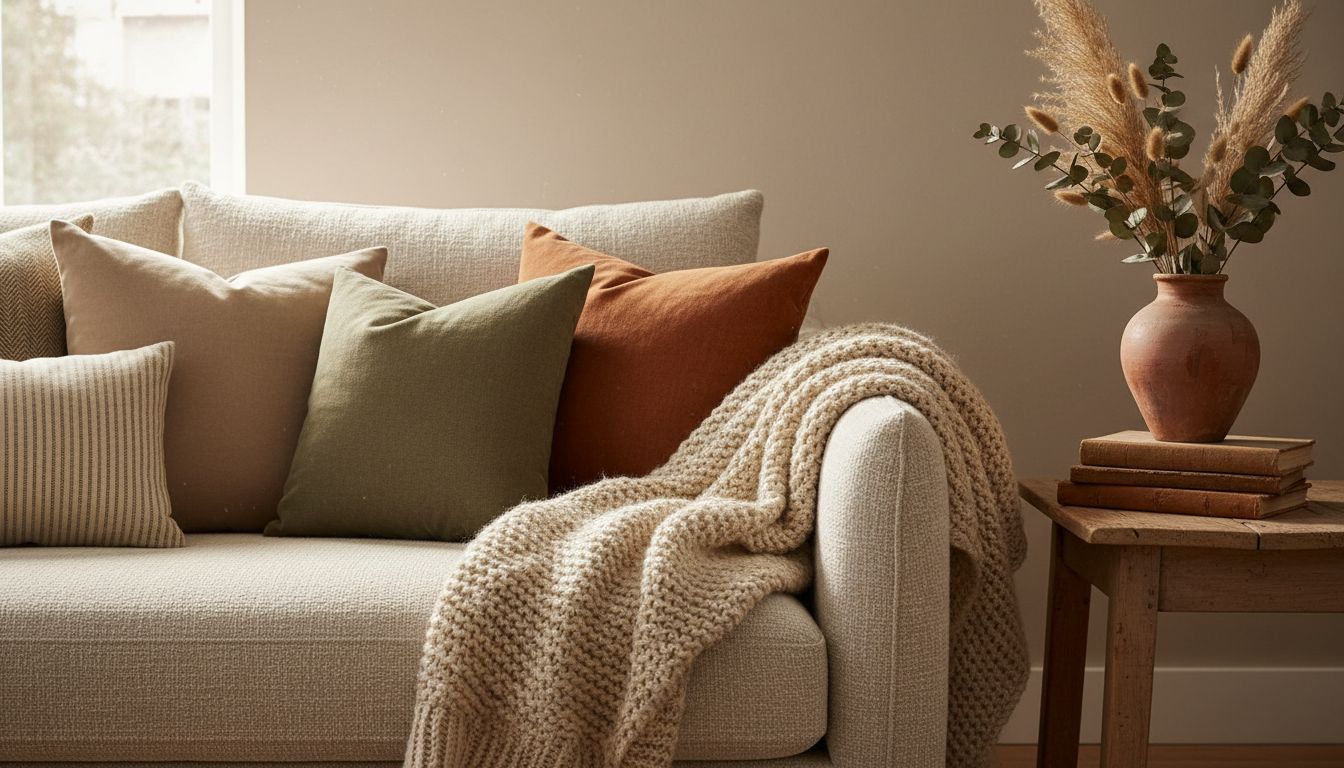 Detailaufnahme eines gemütlichen Sofas mit Leinen- und Wollkissen, grober Strickdecke, Holz-Beistelltisch und Keramikvase