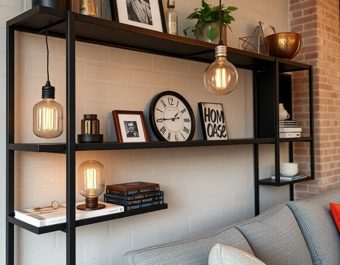 Industrial-Wohnzimmer mit Backsteinwand, Cognac-Ledersofa, Couchtisch aus Altholz und schwarzen Fabrikleuchten