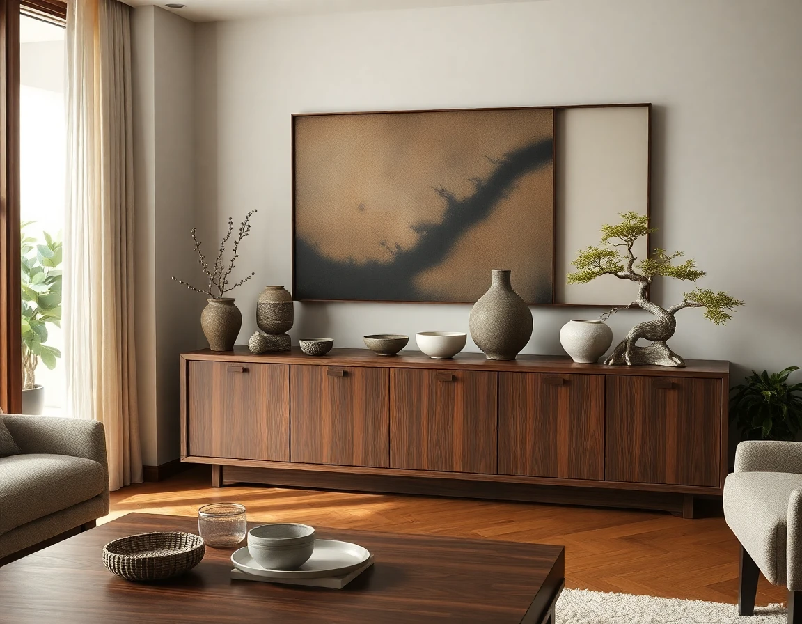Japandi Wohnzimmer mit niedrigem Sofa in Beige, dunklem Eichenholz-Couchtisch und Reispapierleuchte
