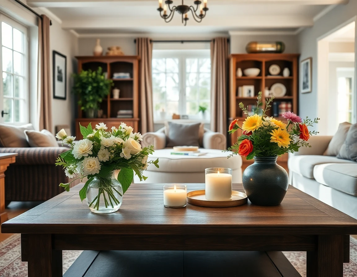 Landhausstil-Wohnzimmer mit Leinensofa in Creme, Massivholz-Couchtisch, halbhoher Wandvertaefelung und Kaminofen