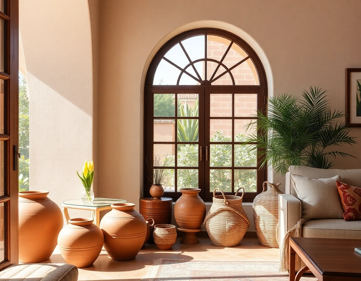 Mediterran eingerichtetes Wohnzimmer mit Terrakotta-Töpfen, Leinensofa in Naturweiß und Kalkputzwand in Sandton