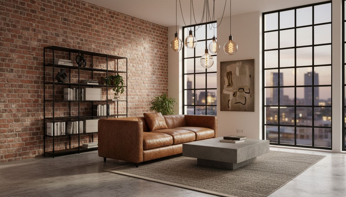 Wohnzimmer im Industrial-Stil mit Sichtbeton, Ledersofa und großen Fenstern, von der KI gestaltet