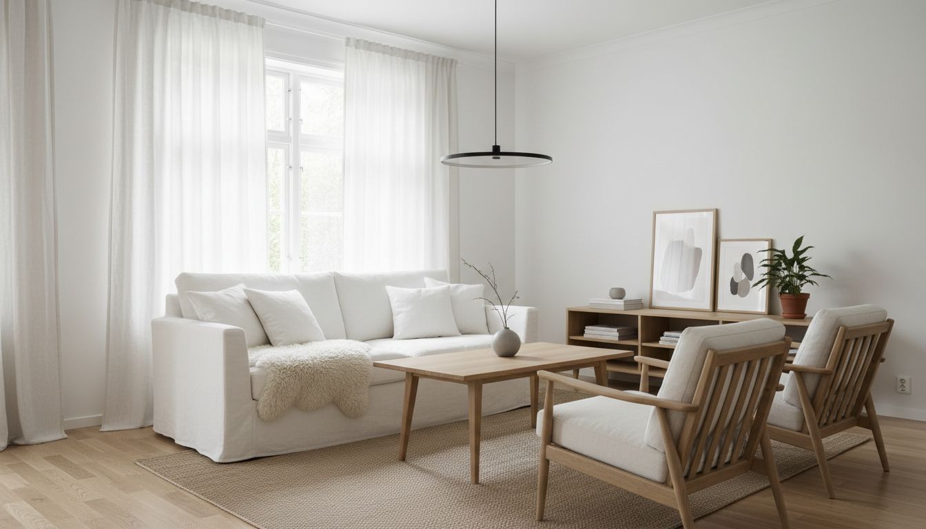 Wohnzimmer im skandinavischen Stil mit hellem Holz, weißem Sofa und ruhiger Möblierung, von der KI gestaltet