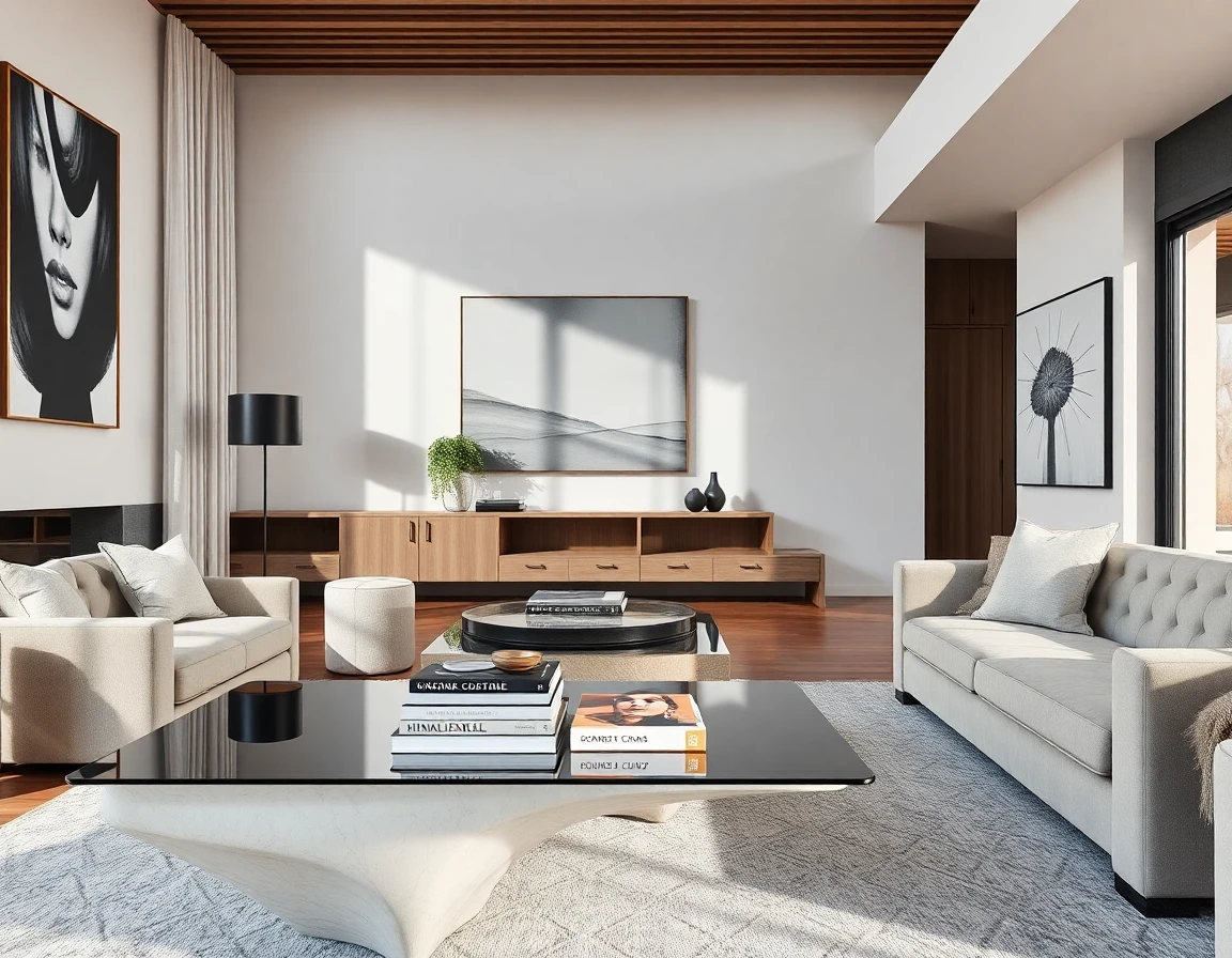 Modern eingerichtetes Wohnzimmer mit niedrigem Sofa in Greige, grifflosem Sideboard und indirekter Beleuchtung
