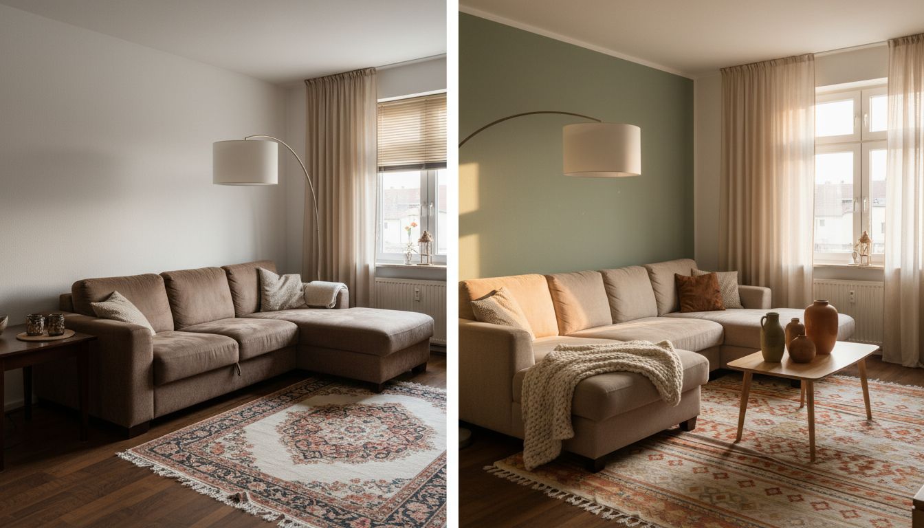 Helles Wohnzimmer nach dem Umgestalten mit umgestelltem Sofa, neuen Kissen, Teppich und warmer Stehlampe