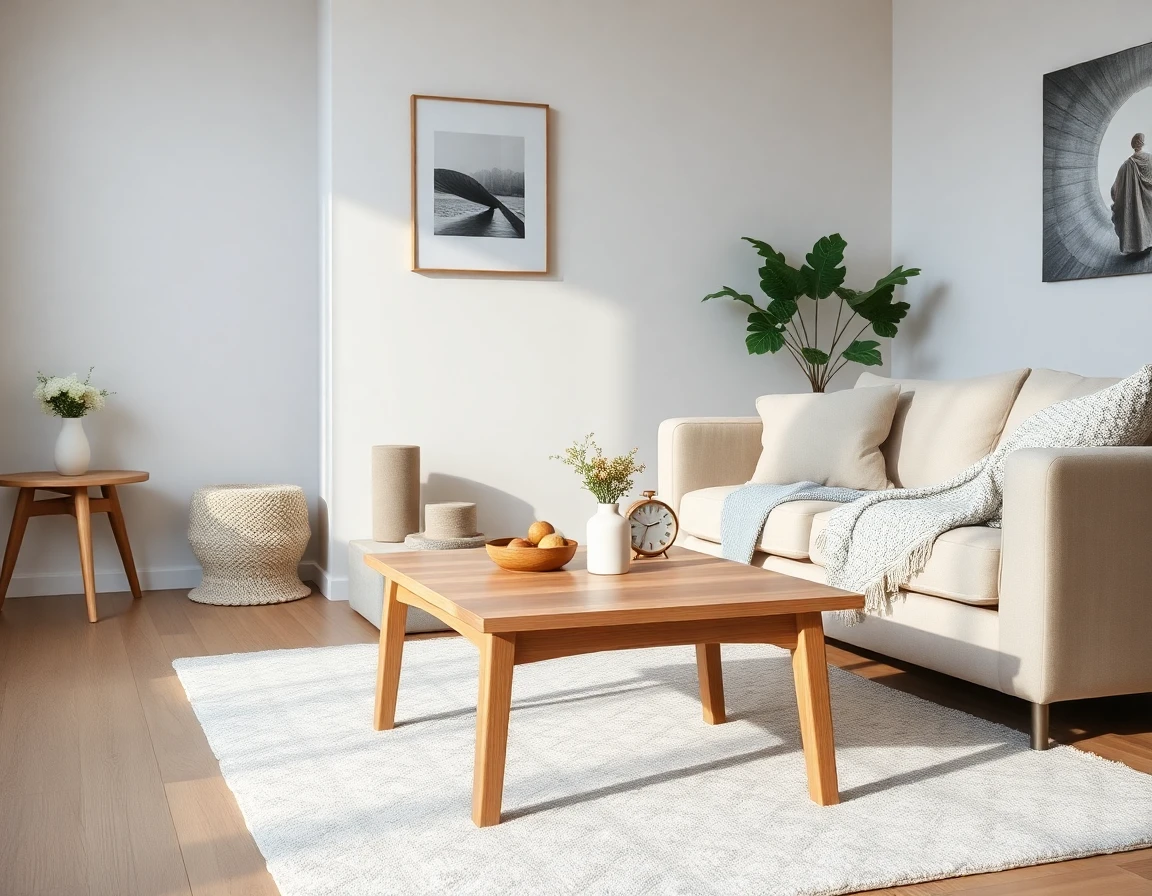 Skandinavisch eingerichtetes Wohnzimmer mit hellem Stoffsofa, Birkenholz-Couchtisch und Wolldecke