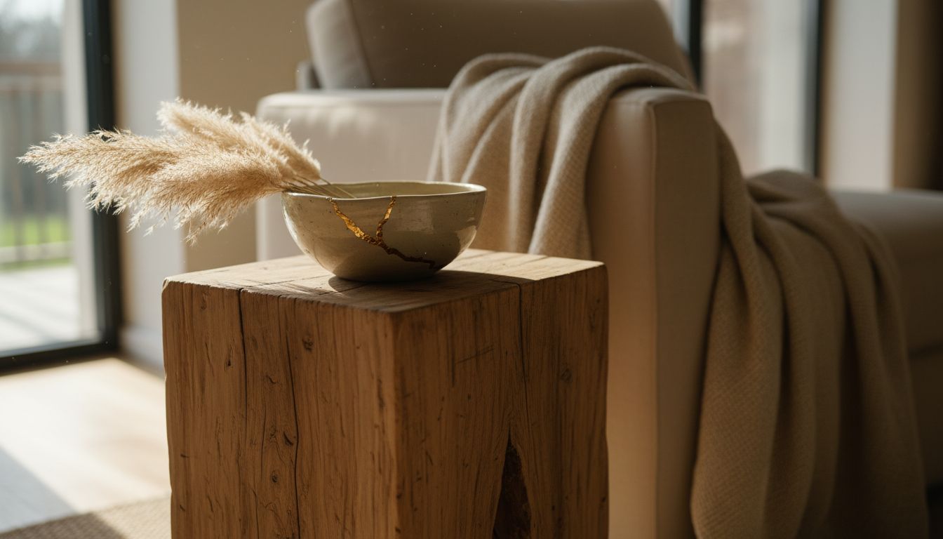 Nahaufnahme eines rohen Holztisches mit Kintsugi-Keramikschale und Leinentextilien im Wabi-Sabi-Wohnzimmer