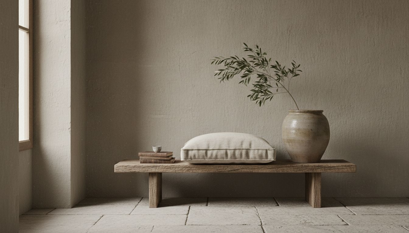 Wabi-Sabi-Wohnzimmerecke mit niedriger Holzbank, Wollkissen und strukturierter Limewash-Wand