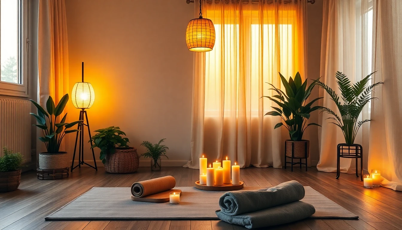 Yoga- und Meditationspraxis am Abend mit warmem Licht, Pendelleuchte, Kerzen auf Holztablett, gerollter Matte, Kissen und Pflanzen