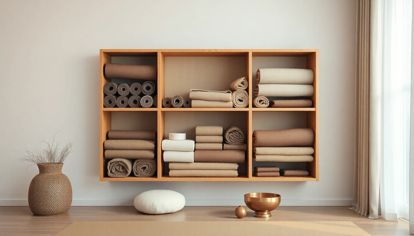 Ordentlich organisierte Yoga-Aufbewahrung auf Holzregal mit gerollten Korkmatten, gefalteten Decken, Blöcken, Bolstern und einer Klangschale