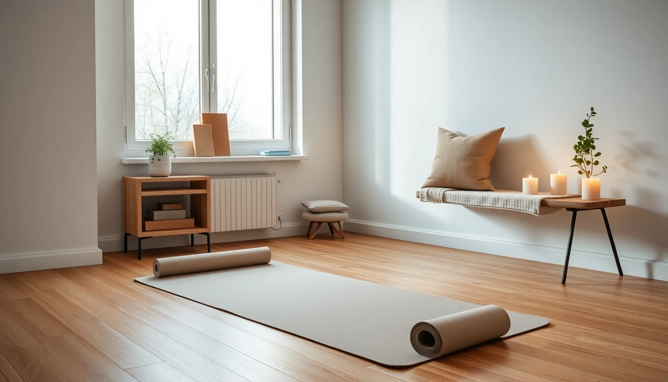 Ruhige Yoga-Ecke in einem modernen Wohnzimmer mit neutraler Matte auf Eichenboden, kleinem Regal mit Blöcken und Bolster, Pflanze und warmer Tischleuchte