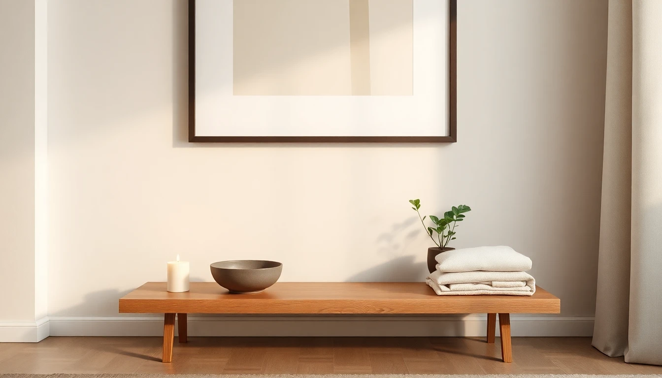 Minimalistische Meditations-Ecke mit niedrigem Holzregal, Keramikschale, Räuchergefäß, Leinentextilien, Kerze und einer kleinen Pflanze