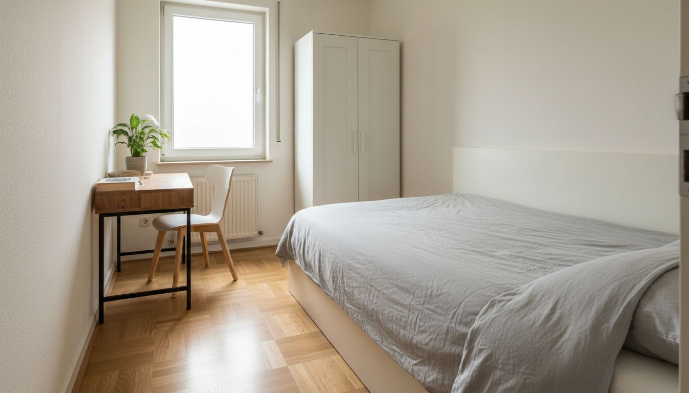 10 qm Zimmer einrichten: kleines helles Schlafzimmer mit Bett an der langen Wand, schmalem Schrank und Schreibtisch unter dem Fenster