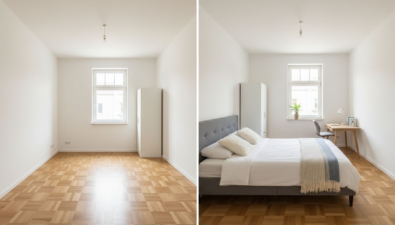Vorher-Nachher-Ansicht eines 10 qm Zimmers: leerer Raum links, fertig eingerichtetes Zimmer mit Bett, Schrank und Schreibtisch rechts