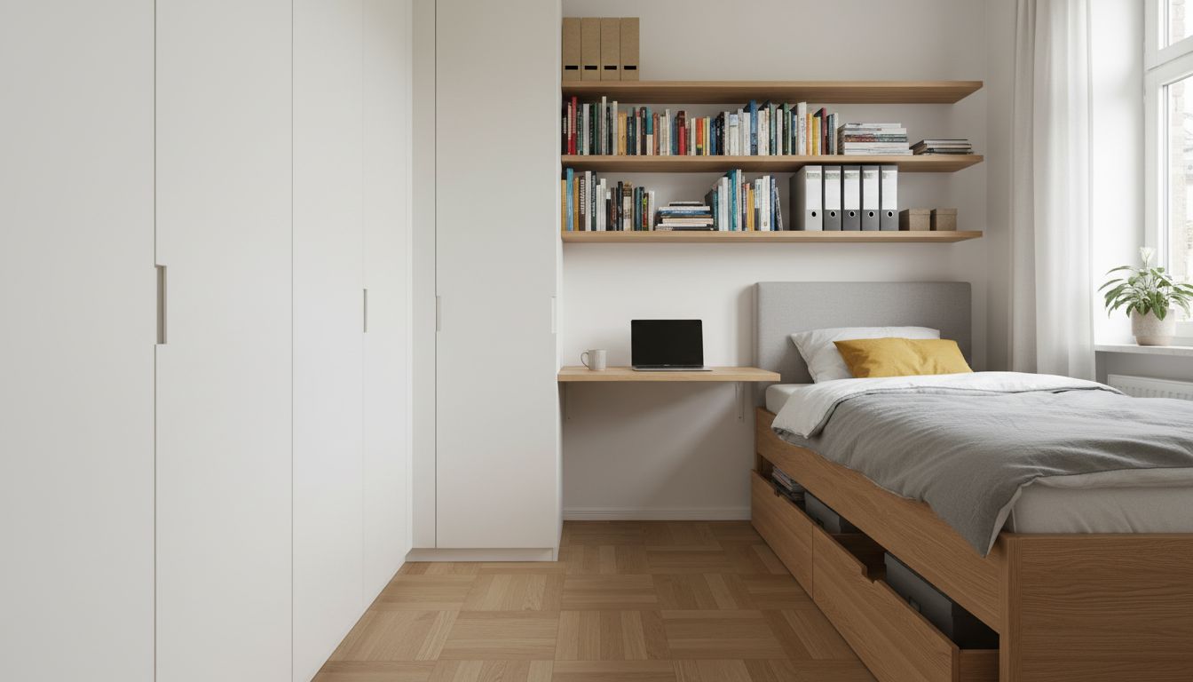 10 qm Zimmer mit hohem schmalem Kleiderschrank, Wandregalen über dem Schreibtisch und Bett mit Stauraum darunter