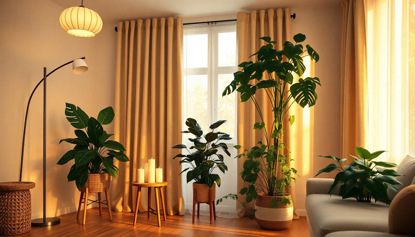 Gemütliche Wohnzimmerecke mit warmem Abendlicht, Pendelleuchte, Bogenstehleuchte, Kerzen und mehreren Zimmerpflanzen