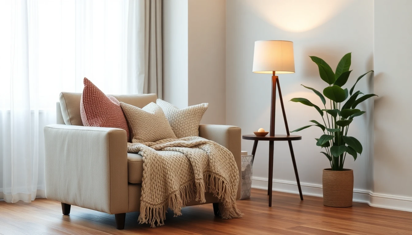Gemütliche Sitzecke mit beigem Leinensessel, mehreren Kissen in neutralen Tönen, grob gestricktem Plaid und warmem Tischlampenlicht