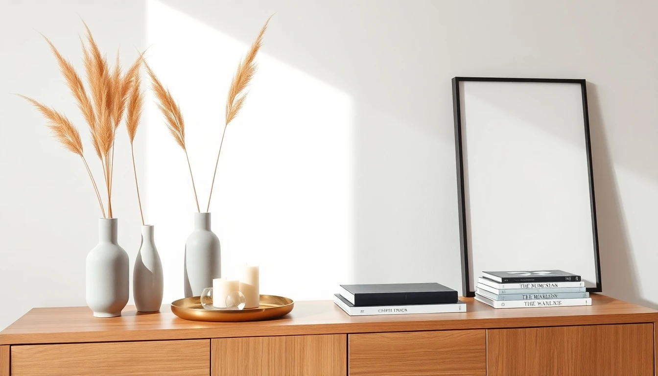 Komponiertes Sideboard-Arrangement mit drei Keramikvasen unterschiedlicher Höhe, Messingtablett mit Kerzen und Stapel Bildbände vor neutraler Wand
