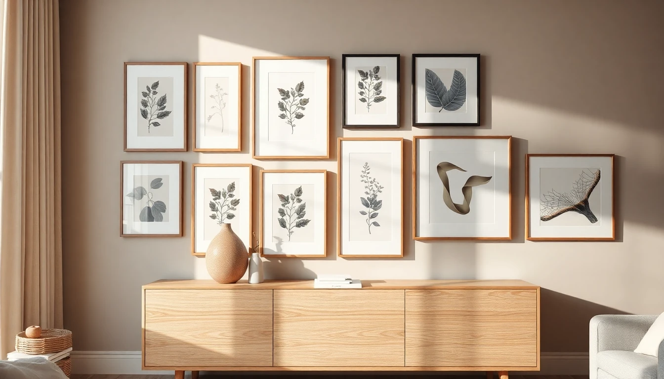Modernes Wohnzimmer mit gut komponierter Gallery Wall aus gerahmten botanischen Drucken über einem hellen Eichen-Sideboard mit Keramikvasen und Büchern