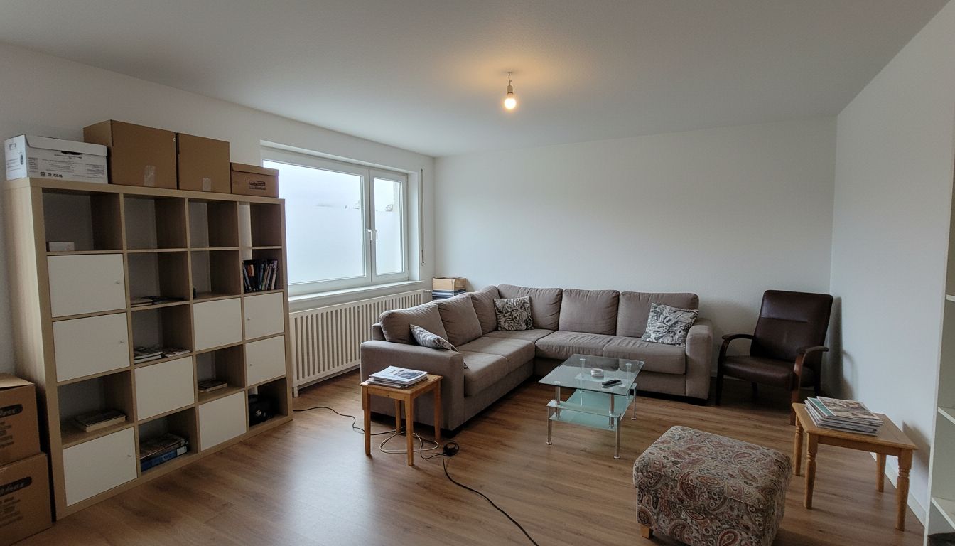 Wohnzimmer in einer deutschen Mietwohnung mit Regal vor dem Fenster, Kartons und nur einer nackten Deckenlampe, vor der Umgestaltung