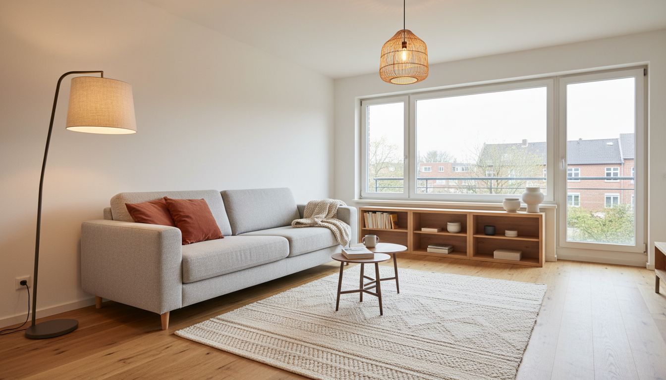 Helles Wohnzimmer nach der Neugestaltung: Sofa zum Fenster ausgerichtet, niedriges Regal unter dem Fenster, Stehleuchte und Pendelleuchte