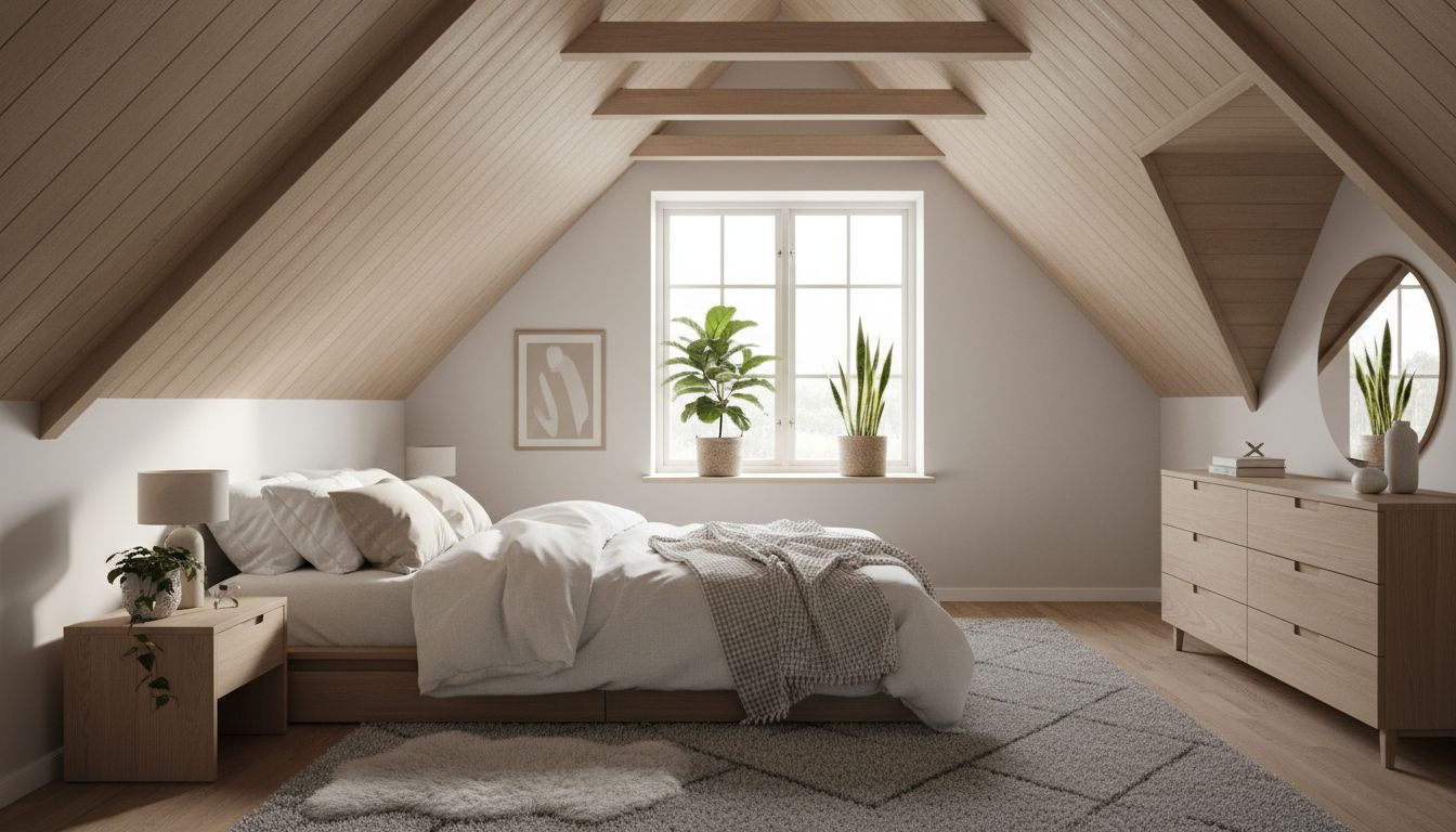 Skandinavisches Schlafzimmer mit Bett unter der Dachschräge und natürlichem Lichteinfall