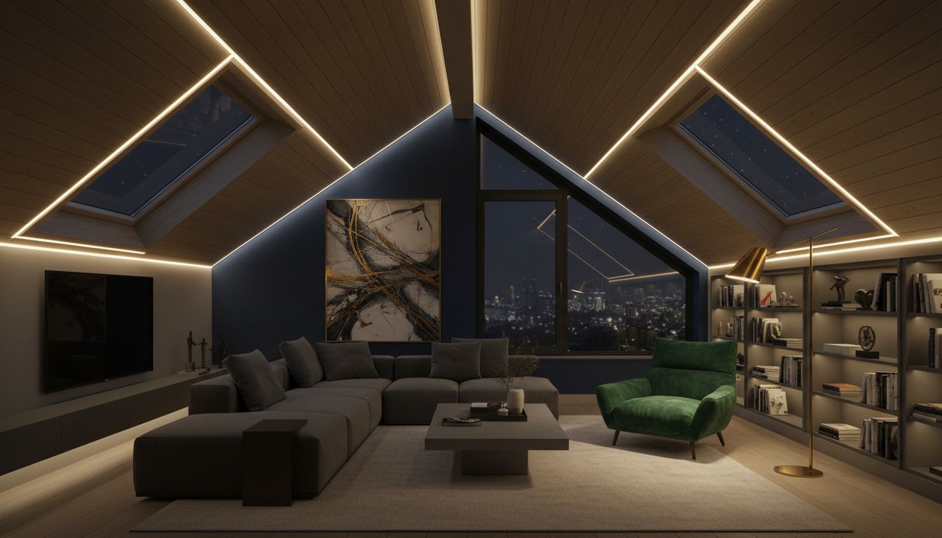 Modernes Dachzimmer mit indirekter LED-Beleuchtung entlang der Schräge