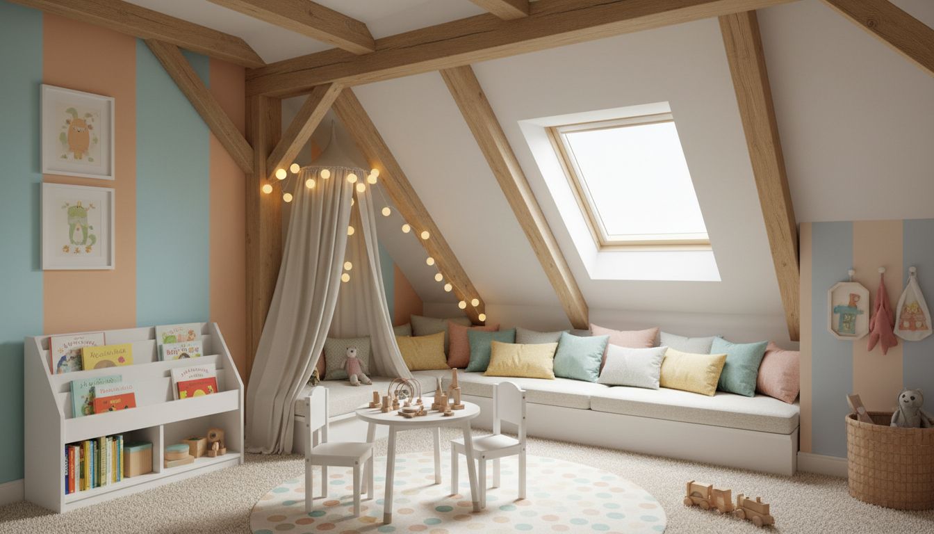 Kreatives Kinderzimmer unter der Dachschräge mit gemütlicher Leseecke und bunten Kissen