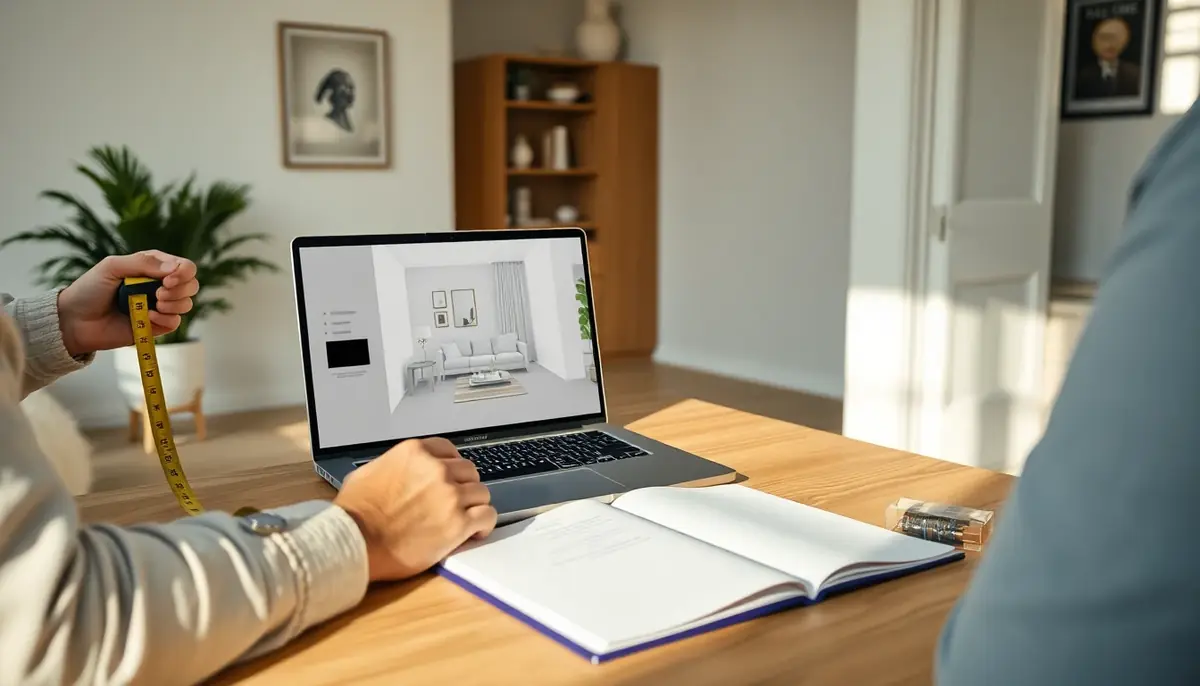 Heller Arbeitsplatz in einer Wohnung mit Maßband, Notizbuch und Laptop für die browserbasierte Planung eines Zimmers