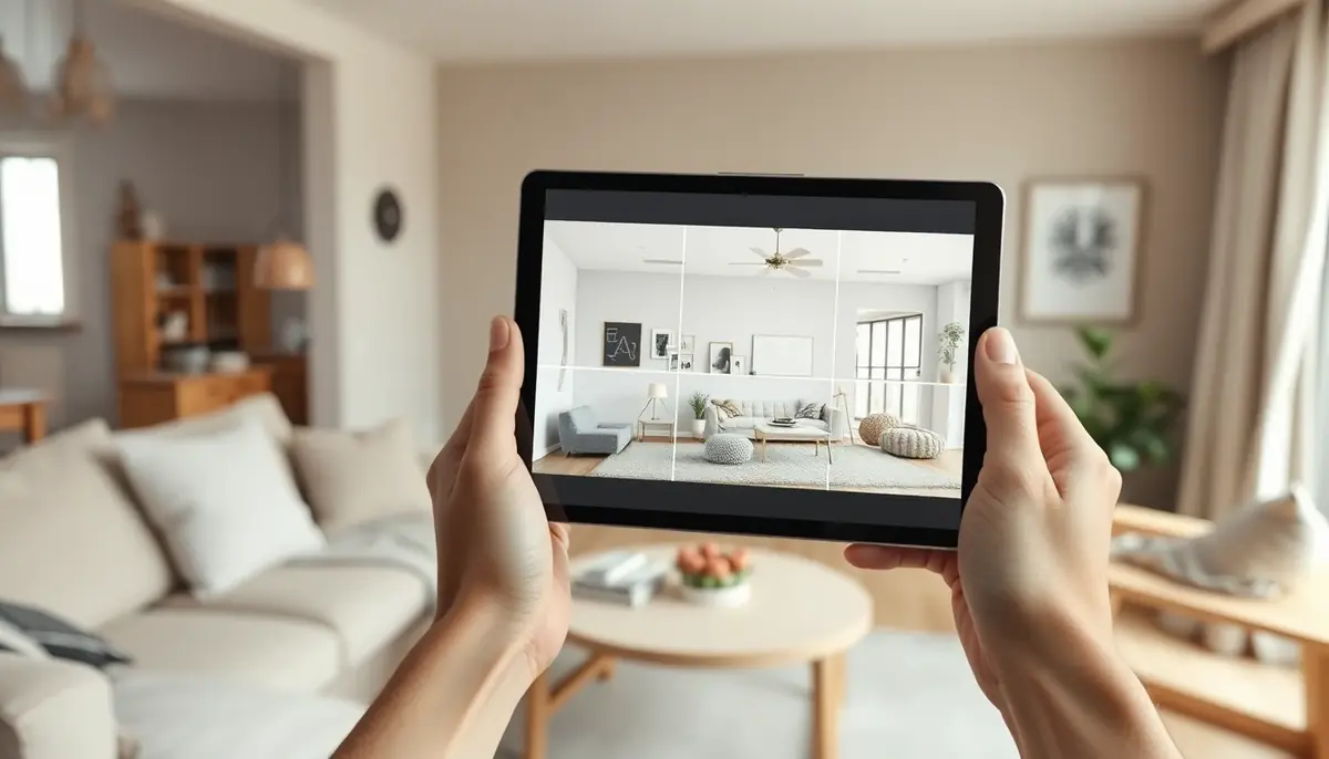 Tablet in einem gemütlichen Wohnzimmer mit mehreren realistischen KI-Stilvarianten desselben Raums in warmen neutralen Farben