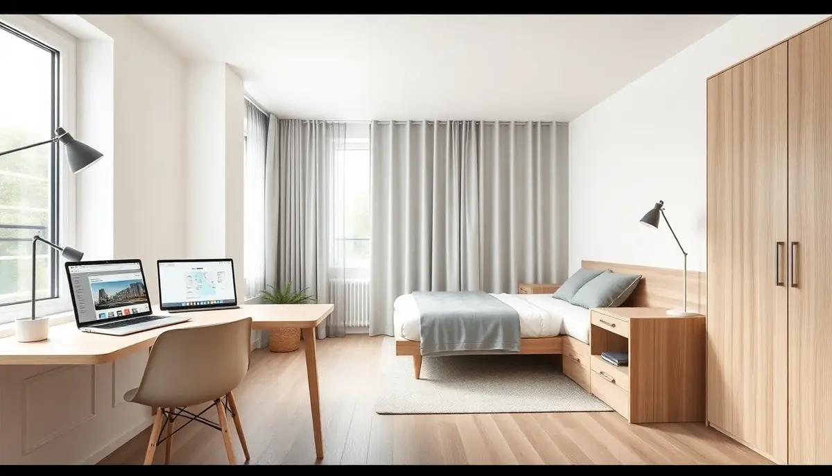 Kleines Schlafzimmer mit Arbeitsplatz in einer modernen Wohnung, Laptop mit Online-Raumplaner auf kompaktem Schreibtisch und klaren Laufwegen
