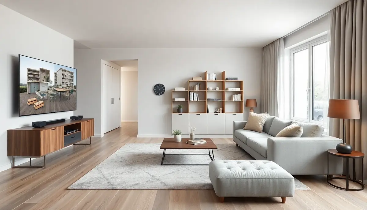 Modernes Wohnzimmer mit ruhiger Möblierung und Monitor im Raum, der verschiedene Einrichtungsvarianten für denselben Grundriss zeigt