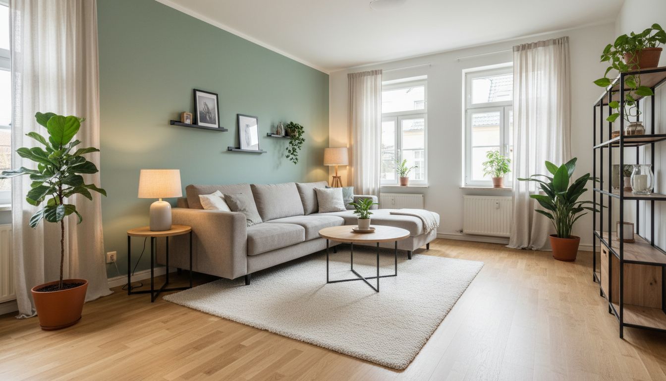 Fertig eingerichtetes Wohnzimmer mit salbeigrüner Akzentwand, hellem Parkett, grauem Sofa, Wollteppich, Leinenvorhängen und zwei eingeschalteten Leuchten