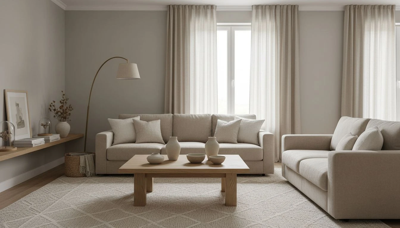 Zimmer mit ruhigem Farbkonzept aus Greige, Beige und hellem Holz sowie natürlichen Stoffen und ausgewählten Materialien