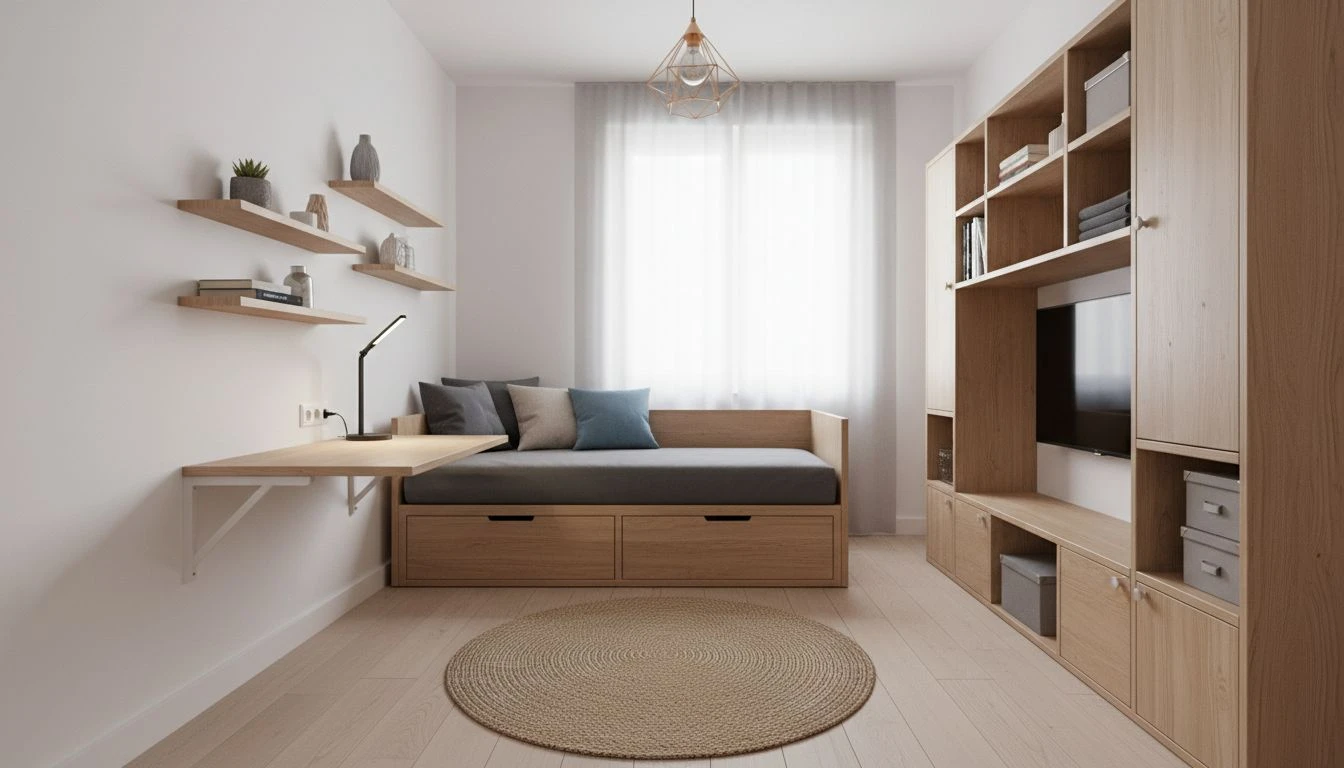 Kleines Zimmer mit multifunktionalen Möbeln, Stauraum im Daybed, kompaktem Schreibtisch und klarer ruhiger Gestaltung