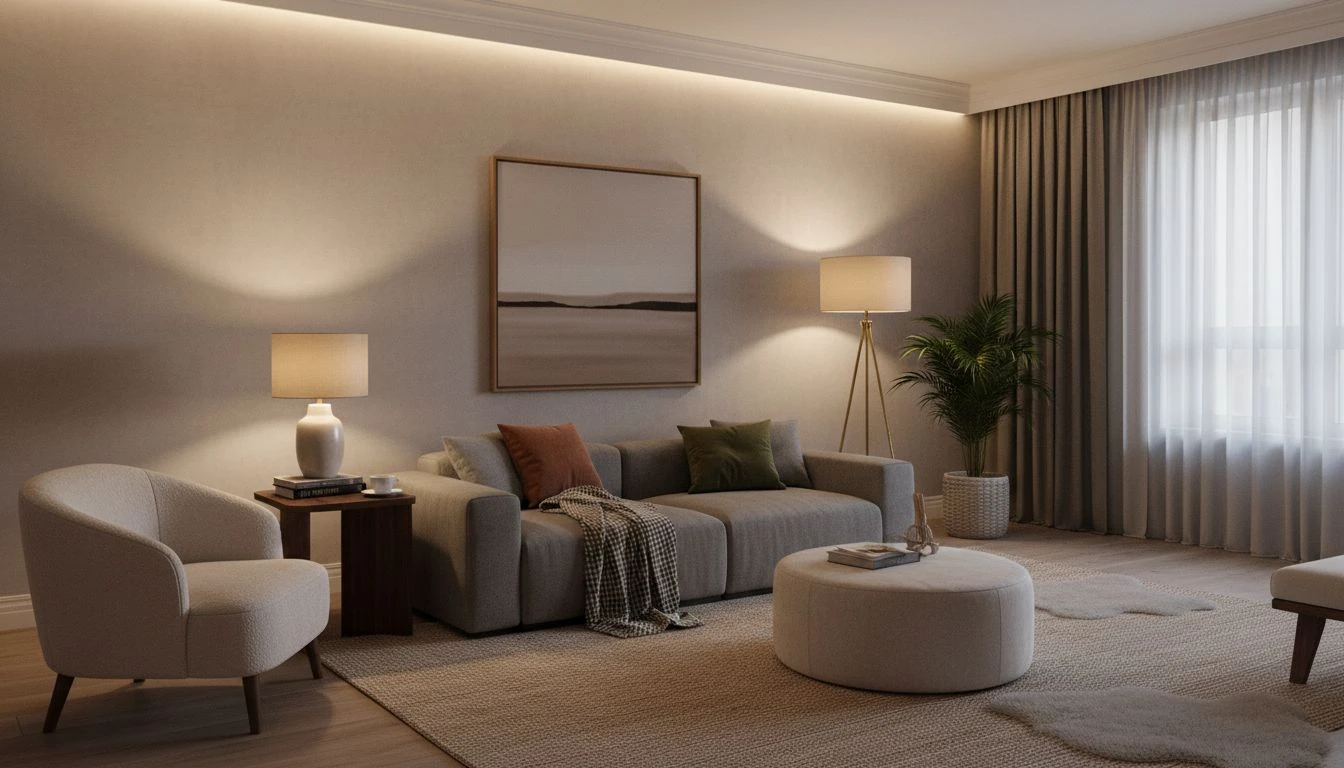 Gemütlich eingerichtetes Zimmer mit mehreren Lichtquellen, warmer Abendstimmung und klarer Sitzzone