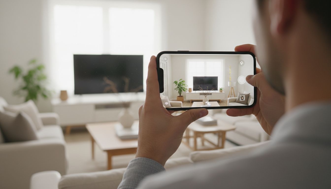 Blick über die Schulter auf ein Smartphone, das ein helles, aufgeräumtes Wohnzimmer fotografiert