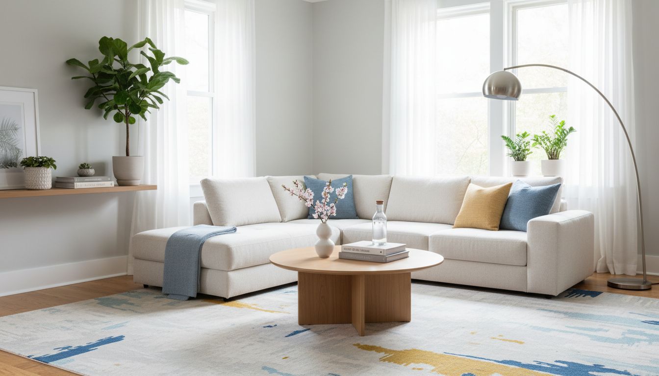 Helles, aufgeräumtes Wohnzimmer bei Tageslicht als Beispiel für ein gut fotografiertes Zimmer