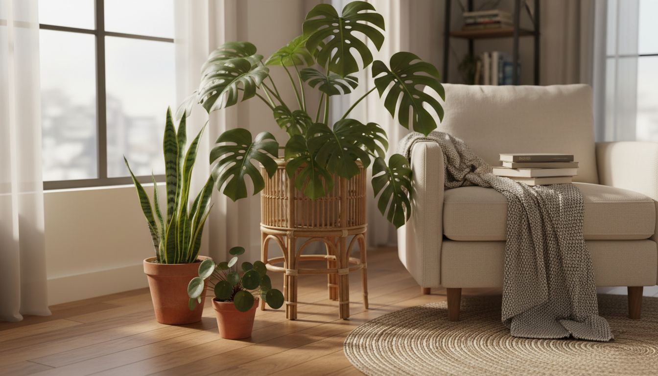 Leseecke mit Rattan-Pflanzenständer, großer Monstera und cremefarbenem Sessel im Wohnzimmer