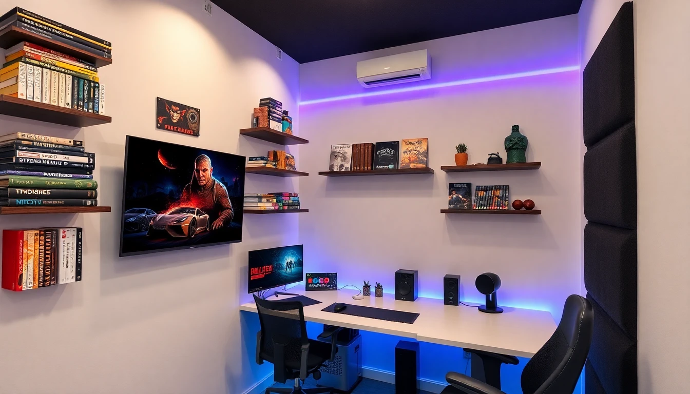 Kleines Gaming Zimmer unter 12 Quadratmeter mit kompaktem Schreibtisch, wandmontiertem Monitor, schwebenden Regalen mit Sammlerstücken und akustischen Wandpaneelen in dunklem Filz