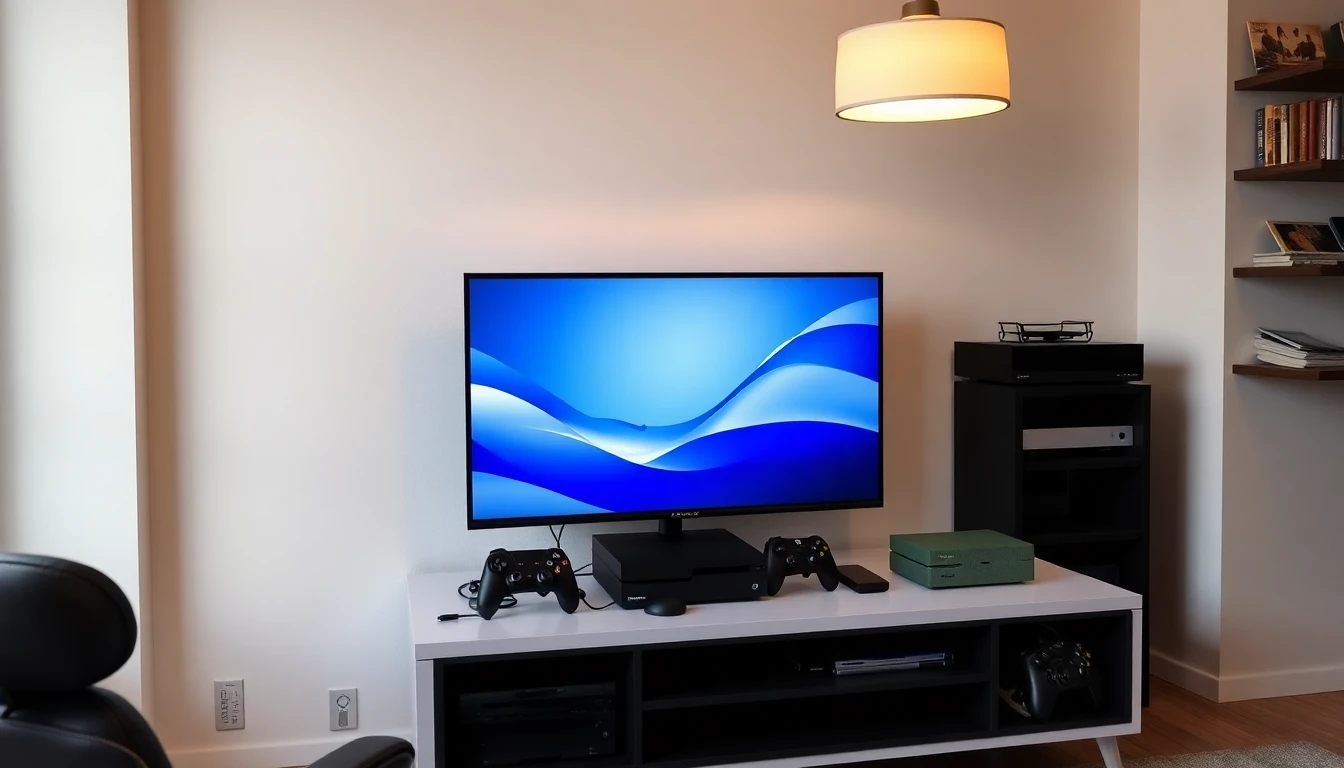 Konsolen Gaming Setup im Wohnzimmer mit modernem TV Schrank, PlayStation und Xbox, Controller Ladestation, sauberem Kabelmanagement, Gaming Stuhl und warmer Pendelleuchte