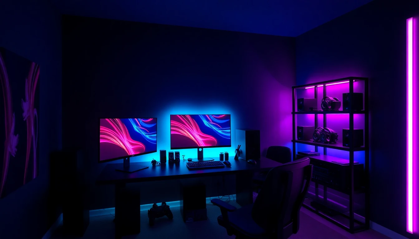 Gaming Zimmer mit RGB Lichtkonzept aus dezentem Bias Light hinter dem Monitor, LED Strips an Regalen, subtilem Teal und Magenta auf dunklen akustischen Wandpaneelen