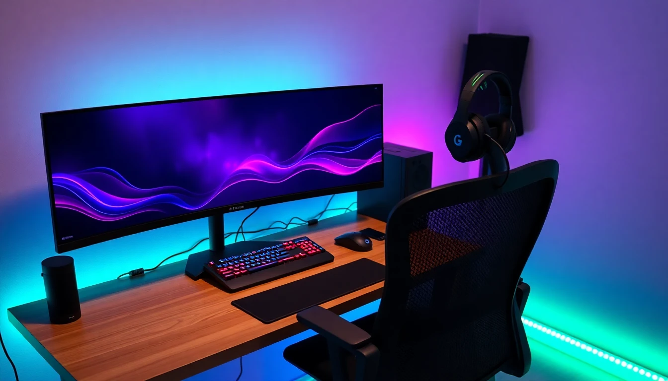 Modernes Gaming Setup mit ultrawide Monitor, mechanischer RGB Tastatur, Gaming Maus, Headset und ergonomischem schwarzem Mesh-Stuhl an höhenverstellbarem Holzschreibtisch